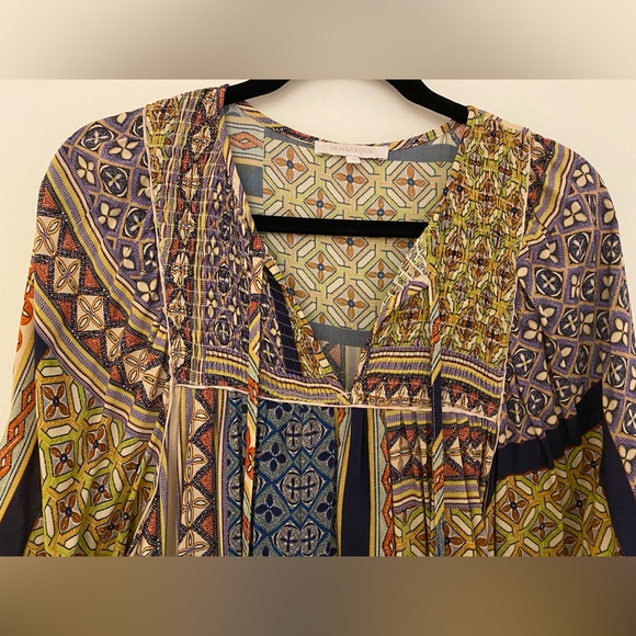 Olivaceous Patterned Ruffle Long Sleeve Tassle Mini Dress Women’s Sz Small - Picture 3 of 16